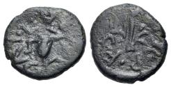 Ancient Coins - Sicily, Panormus temp. Augustus–Tiberius (I cent A.D.) Æ 16mm. Publius F. Silva-, prator; Lucius, Salasius, duoviri.  R/ Trisceles with gorgoneion.