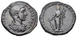 Ancient Coins - Moesia Inferior, Nicopolis ad Istrum. Diadumenian (Caesar, 217-218). Æ Tetrassarion. Bareheaded bust r. R/ Tyche standing facing