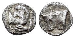 Ancient Coins - Asia Minor, Uncertain (Kelenderis?), c. 4th-3rd century BC. AR Hemiobol. Forepart of goat  R/ Head and neck of bull
