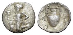 Ancient Coins - Island of Thrace, Thasos, c. 404-340 BC. AR Trihemiobol. Satyr R/ Amphora