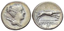 Ancient Coins - ROME REPUBLIC C. Postumius, Rome, 73 BC. AR Denarius. Draped bust of Diana. R/ Hound running; spear below