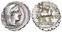 Ancient Coins - ROME REPUBLIC L. Procilius, Rome, 80 BC. AR Serrate Denarius. Head of Juno Sospita. R/ Juno Sospita driving galloping biga