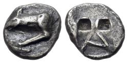Ancient Coins - ARGOLIS, Argos (Circa 500/490-470 BC). AR Triobol. Forepart of wolf. R/ Large A RARE