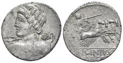 Ancient Coins - ROME REPUBLIC C. Licinius L.f. Macer, Rome, 84 BC. AR Denarius. Diademed bust of Vejovis R/ Minerva in quadriga