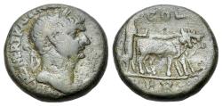 Ancient Coins - Trajan (AD 98-117). Phoenicia, Berytus. Æ 24mm R/ Emperor, as founder, plowing with yoked oxen