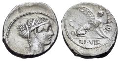Ancient Coins - ROME REPUBLIC T. Carisius, 46 BC. AR Denarius, Rome mint. Head of the Sibyl Herophile R/ SPHINX