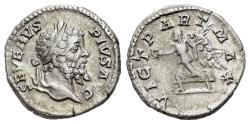 Ancient Coins - Septimius Severus (AD 193-211). AR Denarius. Rome, AD 202-210. R/ VICT PART MAX, Victory advancing l.