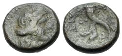 Ancient Coins - Sicily, Aitna, c. 210-150 BC. Æ Hexas. Head of Persephone R/ Filleted cornucopia