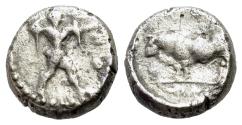 Ancient Coins - ITALY. Northern Lucania, Poseidonia, c. 445-420 BC. AR Diobol. POSEIDON / BULL