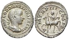 Ancient Coins - Gordian III (AD 238-244). AR Denarius. Rome, AD 240. R/ Gordian on horseback prancing EXTREMELY FINE