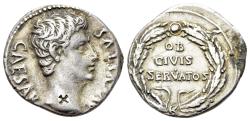 Ancient Coins - Augustus (27 BC-AD 14). AR Denarius. Uncertain Spanish mint (Colonia Patricia?), 19-18 BC.  R/ OB/ CIVIS/ SERVATOS