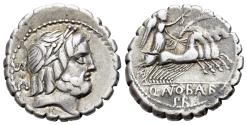 Ancient Coins - ROME REPUBLIC Q. Antonius Balbus, Rome, 83-82 BC. AR Serrate Denarius. Laureate head of Jupiter. R/ Victory  driving quadriga