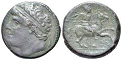 Ancient Coins - Sicily, Syracuse. Hieron II (275-215 BC). Æ 26mm. c. 240-215 BC.  R/ Warrior on horseback