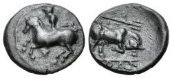 Ancient Coins - Thessaly, Krannon, c. 350 BC. Æ Chalkous. Horseman  R/ BULL
