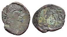 Ancient Coins - Indo-Roman Coinage (4th-5th century AD). Imitating Late Roman Bronzes types. R/ Cross within circle, surrounded by spiral pattern or imiting whell.