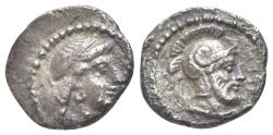 Ancient Coins - CILICIA, Tarsos. Tarkumuwa (Datames). Satrap of Cilicia and Cappadocia, 384-361/0 BC. AR Obol  R/ Bearded head of Ares