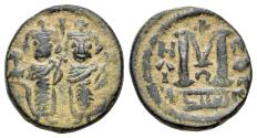 Ancient Coins - Pre-reform issues, Arab-Byzantine. Imperial Image coinage. Æ Fals. Two Standing Figures type (Type IV). Baalbek (Heliopolis) mint. Struck circa AH 65-80 (AD 685-690)