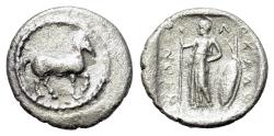 Ancient Coins - Thessaly, Pharkadon, late 5th-early 4th centuries BC. AR Obol. Horse prancing R/ Athena standing