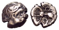 Ancient Coins - CENTRAL GAUL. Bituriges Cubi. Circa 80-50 BC. EL Quarter Stater.  Celticized head left. R/  Horse RARE