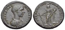 Ancient Coins - Moesia Inferior, Nicopolis ad Istrum. Diadumenian (Caesar, 217-218). Æ Tetrassarion. Bareheaded r. R/ Tyche standing facing, head l.