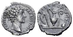 Ancient Coins - Marcus Aurelius (As Caesar, AD 139-161). AR Denarius. R/ Emblems of the augurate and pontificate: secespita, aspergillum, guttus, lituus, and simpulum.