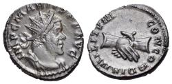 Ancient Coins - Marius, Romano-Gallic usurper (269 AD). AE Antoninianus, Treveri. R/ CONCORD MILIT, Clasped hands.
