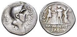 Ancient Coins - Ex Seaby’s circular (circa 1970’s-90’s) - Gnaeus Pompey Junior as Imperator (48-45 BC). AR Denarius. Spain, Corduba (Cordoba). M. Minatius Sabinus, proquaestor.