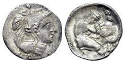 Ancient Coins - ITALY, Apulia, Tarentum, c. 325-280 BC. AR Diobol. R/ Herakles strangling Nemean lion