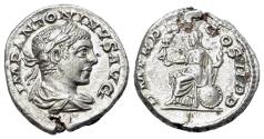 Ancient Coins - Elagabal. AR Denarius. Laureate bust of Elagabalus. R/ Roma seated l. on shield, holding Victory