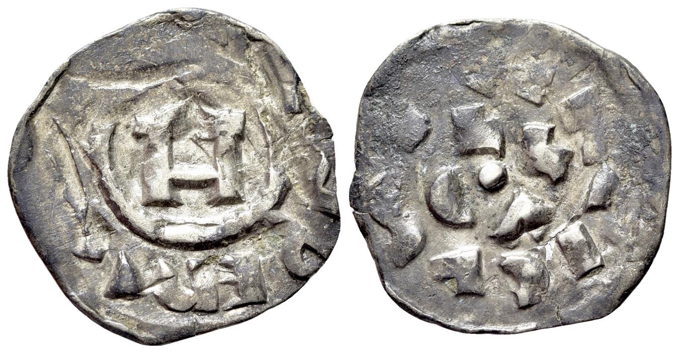 CRUSADERS Italy, Lucca. Enrico II (1004-1024). AR Denaro. Monogram. R/ LVCA