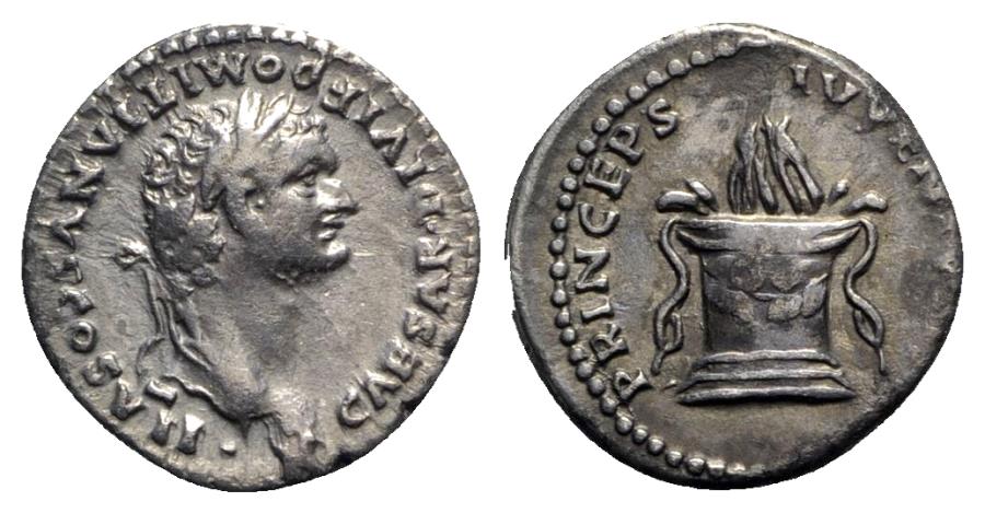 Ancient Coins - Domitian (Caesar, 69-81). AR Denarius - Rome - R/ Altar
