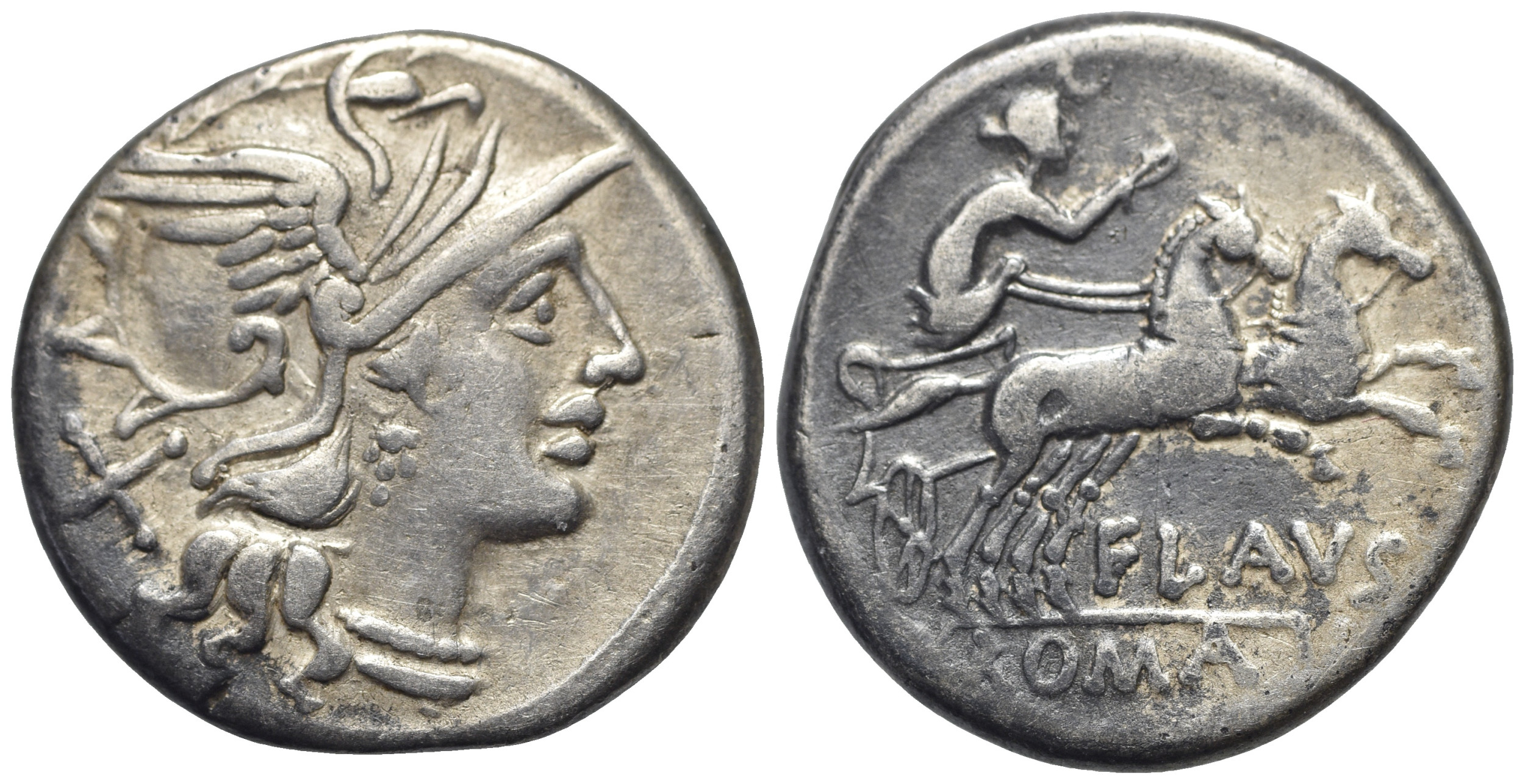 ROME REPUBLIC Decimius Flavus, Rome, 150 BC. AR Denarius R/ Diana ...