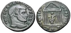 Ancient Coins - Maxentius (AD 307-312). Æ Follis. Rome mint, AD 308-311. R/ Roma seated in hexastyle temple
