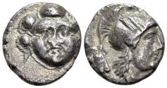 Ancient Coins - Pisidia, Selge, c. 350-300 BC. AR Obol. Facing gorgoneion. R/ Head of Athena