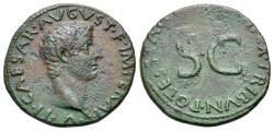 Ancient Coins - Tiberius (Caesar, AD 4-14) Æ As. Rome 10-11. R/ PONTIFEX TRIBVN POTESTATE XII round S C.