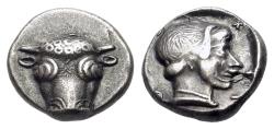 Ancient Coins - PHOKIS, Federal Coinage. Circa 460-458/7 BC. AR Triobol. Head of bull facing R/ Head of Artemis