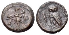 Ancient Coins - ITALY. Lucania, Metapontion (Circa 250-207 BC). Æ 15mm.  Athena Promachos R/ OWL