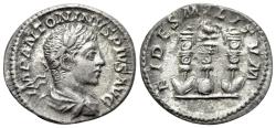 Ancient Coins - Elagabalus (218-222). AR Denarius. Rome, 219-220. R/ Aquila flanked by two signa