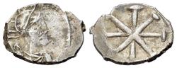 Ancient Coins - Constantine IV Pogonatus (668-685). AR Half Siliqua. Italian mint. Helmeted, draped and cuirassed bust of Constantinopolis. R/ Large TX monogram. VERY RARE