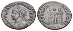 Ancient Coins - Constantius II (as Caesar, AD 316-337). Æ Nummus - Follis. Ticinum mint. R/ CAMP GATE
