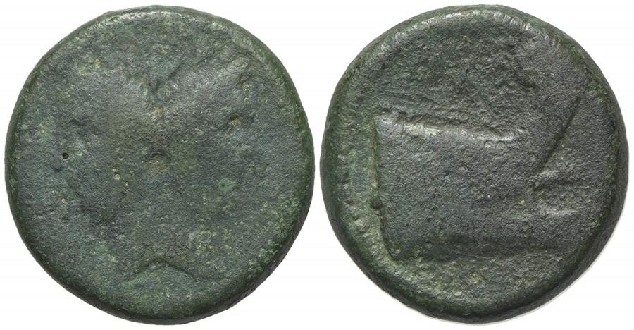 Ancient Coins - Sextus Pompey, Sicilian mint, 43-36 BC. Æ As. Head of Janus with features of Pompey the Great. R/ Prow of galley