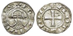 Ancient Coins - Crusaders, Antioch. Bohemund III (1163-1201). AR Denier. Helmeted and mailed head  R/ Cross