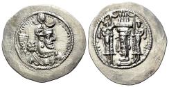 Ancient Coins - Sasanian Kings, Yazdgird (Yazdgard) I (AD 399-420). AR Drachm. R/ Fire altar with ribbons and attendants