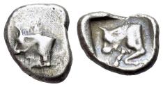 Ancient Coins - Caria. Uncertain, c. 400 BC. AR Diobol. R/ Forepart of bull.