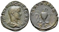Ancient Coins - Maximus (Caesar, AD 235/6-238). Æ Sestertius Rome, 236-238. R/ Emblems of the pontificate: lituus, secespita, patera, capis, simpulum, and aspergillum