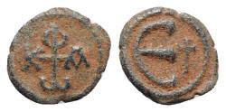 Ancient Coins - Phocas (602-610). Æ 5 Nummi. Antioch. Cruciform monogram. R/ Large Є VERY RARE