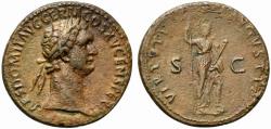 Ancient Coins - Domitian (81-96). Æ As. Rome, 90-1. R/ VIRTUS