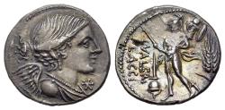 Ancient Coins - ROME REEPUBLIC L. Valerius Flaccus. 108-107 BC. AR Denarius. Rome mint. Winged and draped bust of Victory R/ MARS
