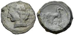 Ancient Coins - CARTHAGE. (Circa 264-241 BC). Æ Shekel.  Mint on Sardinia. Wreathed head of Tanit left. R/ Horse standing
