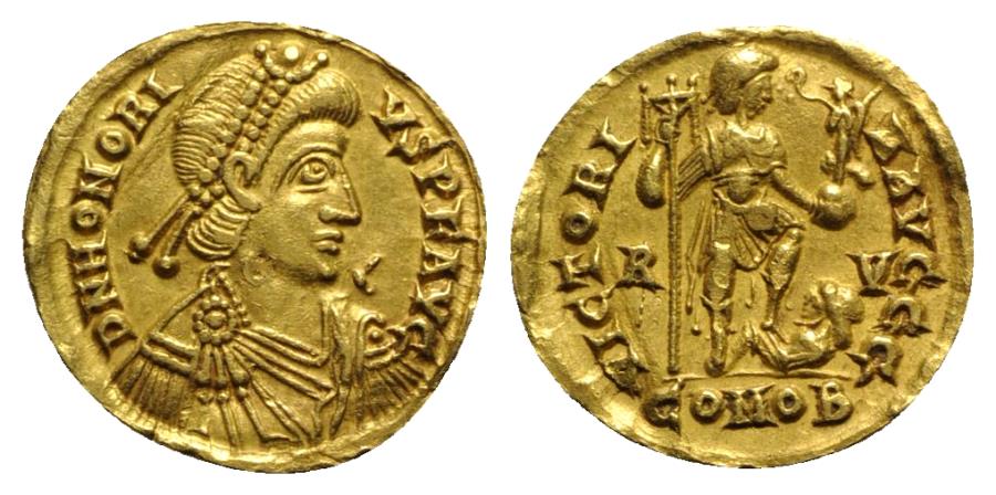 Ancient Coins - Honorius (393-423). AV Solidus. Ravenna, 402-6. EXTREMELY FINE